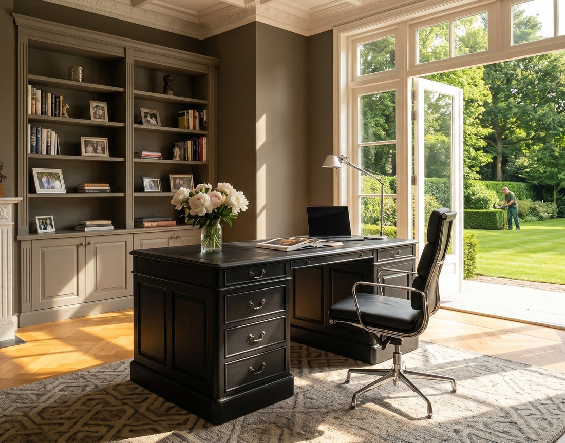 Arc bureau van massief mahonie met leren blad