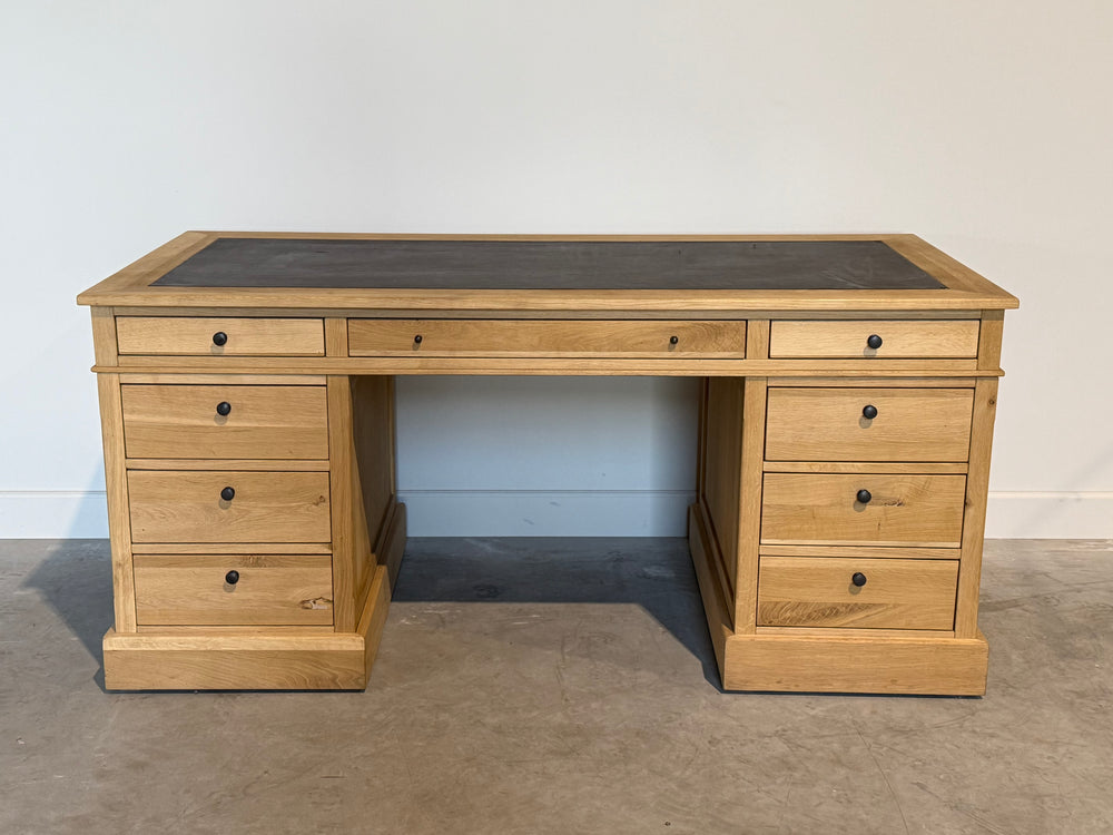 Vintage bureau, klassiek Engels bureau, eikenhout, bruin leer, 699