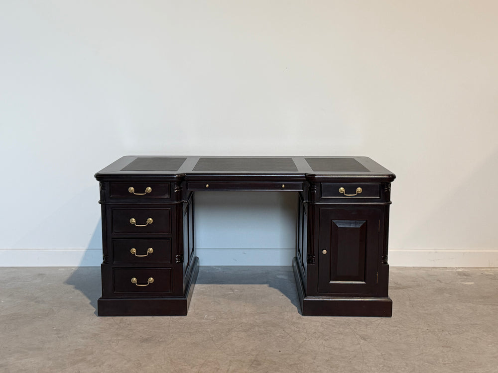 Vintage bureau, donker kers, klassiek Engels bureau, mahoniehout, zwart leer, 705