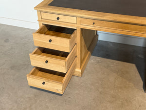 Vintage bureau, klassiek Engels bureau, eikenhout, bruin leer