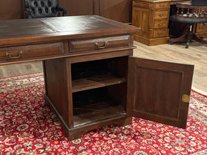 Vintage bureau, klassiek Engels bureau, teakhout, bruin leer, 589
