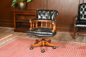 Vintage stoel, zwart leer, mahoniehout, Chesterfield, 248