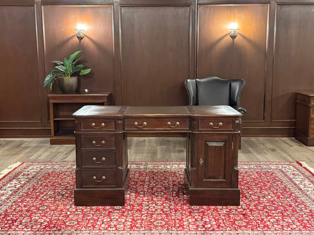 Vintage bureau, klassiek Engels bureau, teakhout, bruin leer, 599