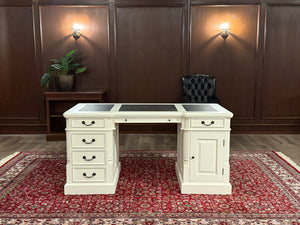 Vintage bureau, klassiek Engels bureau, wit, mahoniehout , zwart leer, 579