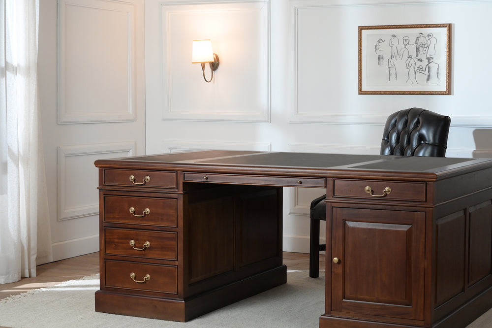 Regent 180x120 Mahonie, partnerdesk, klassiek Engels bureau, massief mahoniehout