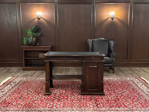 Vintage bureau, klassiek Engels bureau, mahoniehout, groen leer, 630