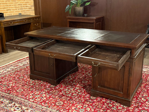 Vintage bureau, klassiek Engels bureau, teakhout, bruin leer, 589