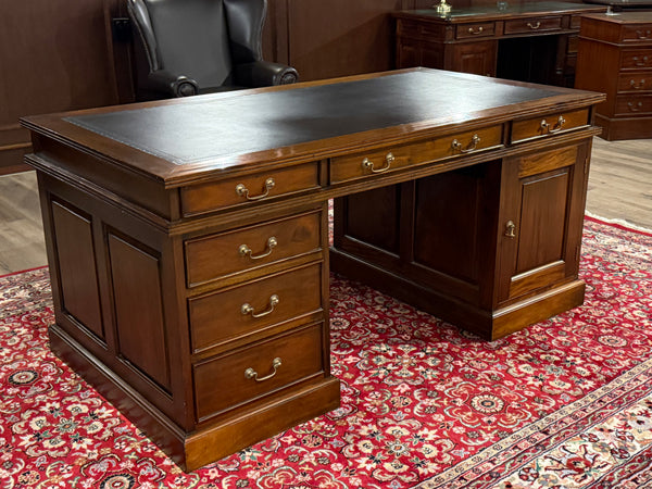 Bureau vintage, bureau anglais classique, acajou, cuir bleu marine, 646