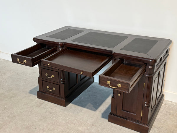 Vintage bureau, donker kers, klassiek Engels bureau, mahoniehout, zwart leer, 707