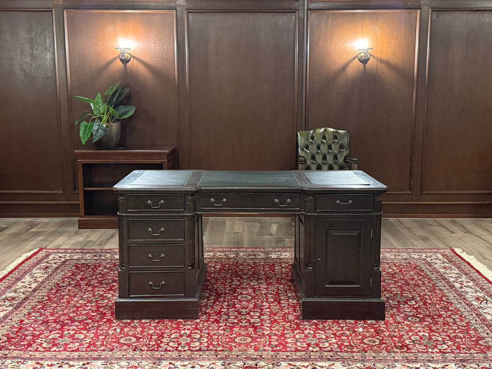 Bureau vintage, bureau anglais classique, bureau double, acajou, cuir vert, 688