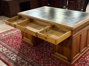 Vintage bureau, Antiek Engels bureau, eikenhout, groen leer, 661