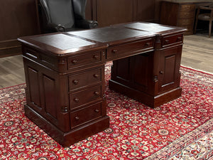 Vintage bureau, klassiek Engels bureau, mahoniehout, bruin leer, 618