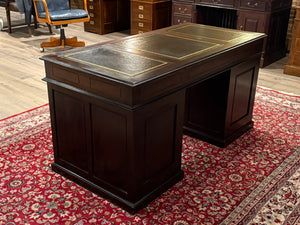 Vintage bureau, klassiek Engels bureau, mahoniehout, bruin leer, 669