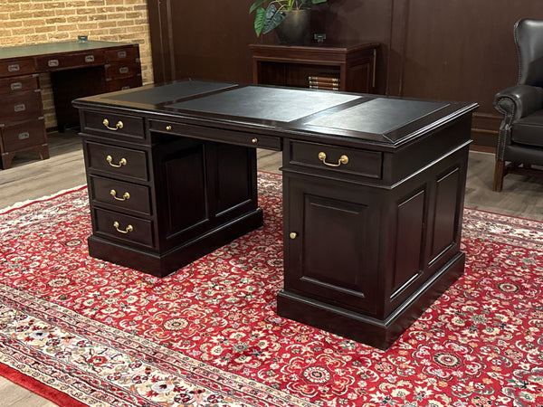 Vintage bureau, klassiek Engels bureau, mahoniehout, donker kersen, zwart leer, 631