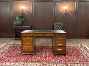Bureau vintage, bureau anglais classique, acajou, cuir bleu, 690