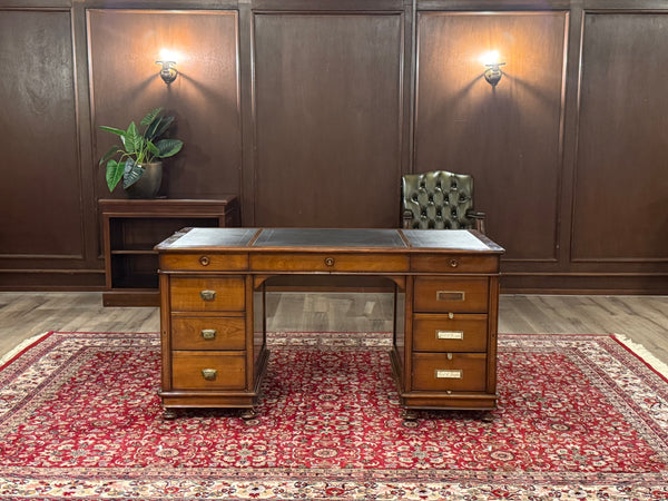 Bureau vintage, bureau anglais classique, acajou, cuir bleu, 690