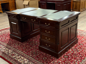 Vintage-Schreibtisch, Partnerdesk, klassischer englischer Schreibtisch, Mahagoni, grünes Leder, 653