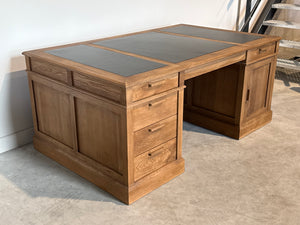 Vintage bureau, partnerdesk, klassiek Engels bureau, eikenhout, zwart leer, 698