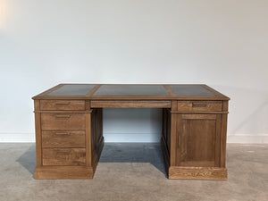 Vintage bureau, partnerdesk, klassiek Engels bureau, eikenhout, zwart leer, 698