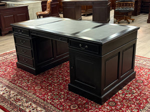 Vintage bureau, zwart, klassiek Engels bureau, mahoniehout, zwart leer, 588