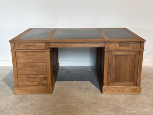 Vintage bureau, partnerdesk, klassiek Engels bureau, eikenhout, zwart leer, 698