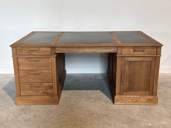 Vintage bureau, partnerdesk, klassiek Engels bureau, eikenhout, zwart leer, 698