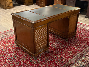 Bureau vintage, bureau anglais classique, acajou, cuir bleu, 690