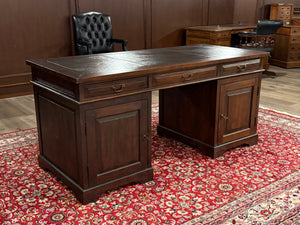 Vintage bureau, klassiek Engels bureau, teakhout, bruin leer, 589