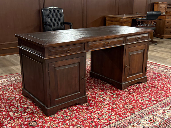 Vintage bureau, klassiek Engels bureau, teakhout, bruin leer, 589
