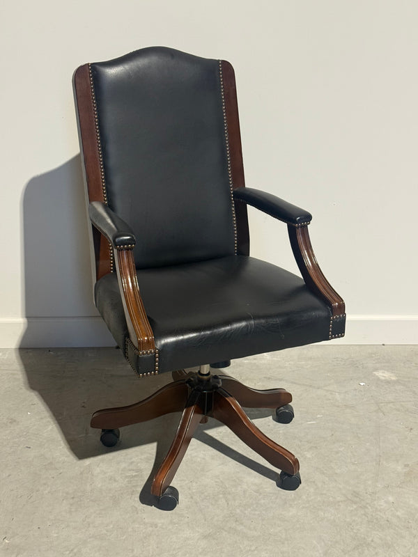 Vintage bureaustoel, Chesterfield, mahoniehout, zwart/blauw leer 101