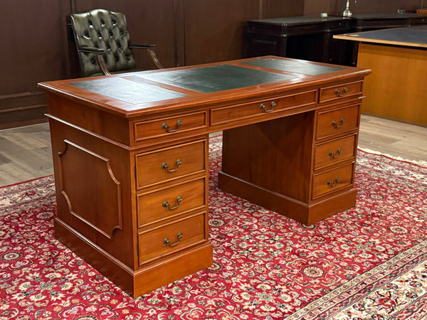 Bureau vintage, bureau anglais classique, acajou, cuir vert, 692