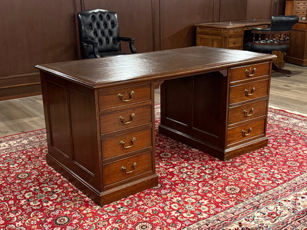 Vintage bureau, antiek, klassiek Engels bureau, eikenhout, bruin leer, 581