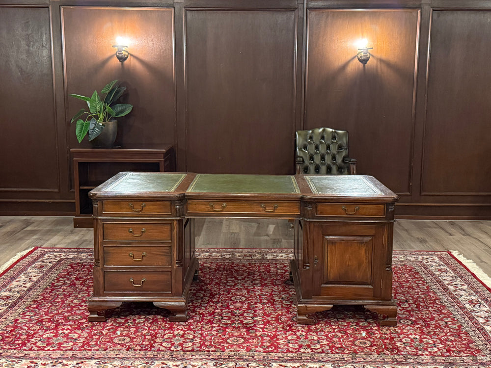 Bureau vintage, bureau double, bureau anglais classique, chêne, cuir vert, 687