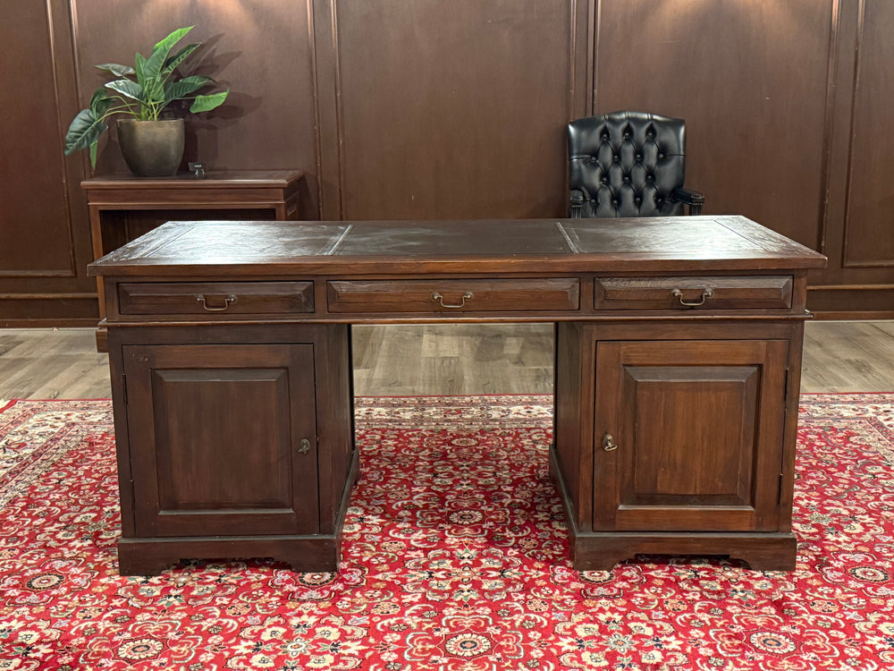 Vintage bureau, klassiek Engels bureau, teakhout, bruin leer, 589