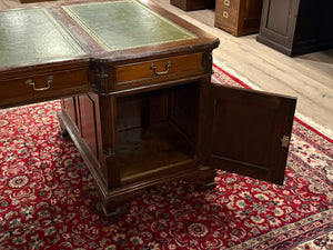 Bureau vintage, bureau double, bureau anglais classique, chêne, cuir vert, 687