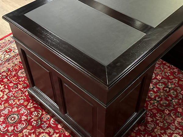 Vintage bureau, klassiek Engels bureau, mahoniehout, donker kersen, zwart leer, 631