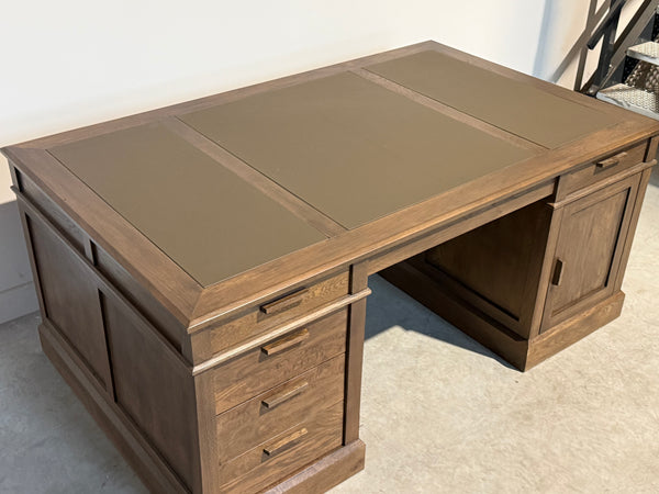 Vintage bureau, partnerdesk, eikenhout, bruin leer,