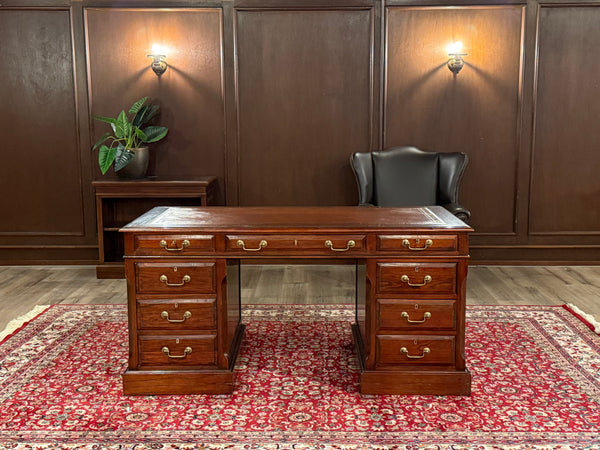 Bureau vintage, bureau anglais classique, bois de cerisier, cuir orange, 654