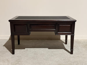 Vintage schrijftafel, klassiek Engels bureau, mahoniehout, zwart leer, 712