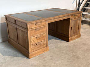 Vintage bureau, partnerdesk, klassiek Engels bureau, eikenhout, zwart leer, 698