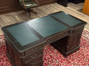 Bureau vintage, bureau anglais classique, bureau double, acajou, cuir vert, 688