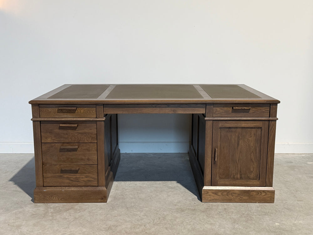 Vintage bureau, partnerdesk, eikenhout, bruin leer, 707