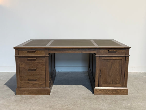 Vintage bureau, partnerdesk, eikenhout, bruin leer,