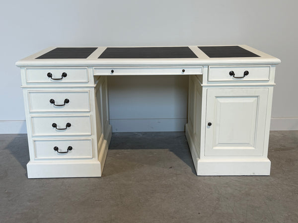 Vintage bureau, wit, klassiek Engels bureau, mahoniehout, zwart leer, 704