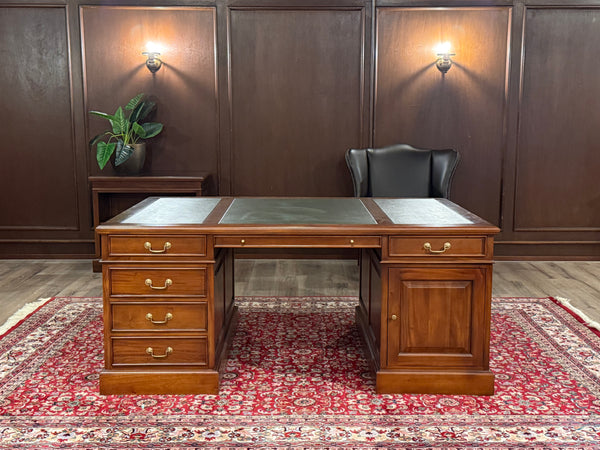 Vintage-Schreibtisch, Partner-Schreibtisch, klassischer englischer Schreibtisch, Mahagoni, grünes Leder, 638