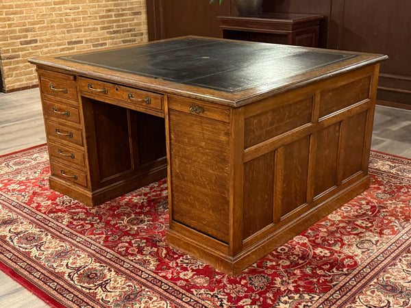 Antique Desk (partner desk) 410 - Classic English desk, Dark blue leather, Brass handles, light oak wood, ca. 1920s