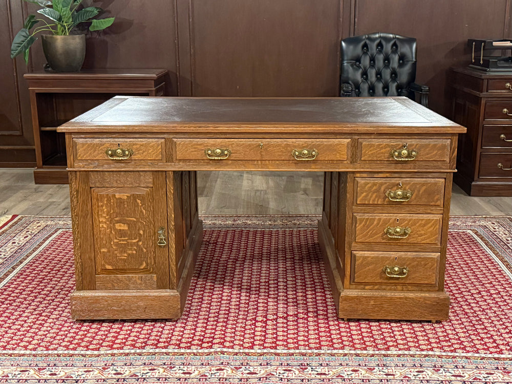 Vintage bureau, antiek bureau, eikenhout, bruin leer, 529