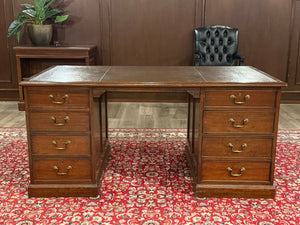 Vintage bureau, antiek, klassiek Engels bureau, eikenhout, bruin leer, 581