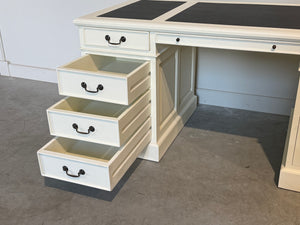 Vintage bureau, wit, klassiek Engels bureau, mahoniehout, zwart leer, 704