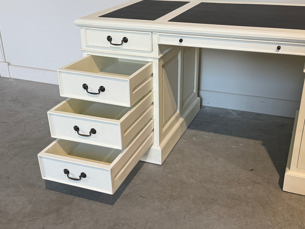 Vintage bureau, wit, klassiek Engels bureau, mahoniehout, zwart leer, 704